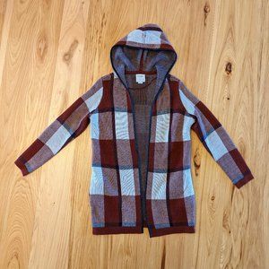 Long Red Plaid Sweater Jacket/Cardigan, Small